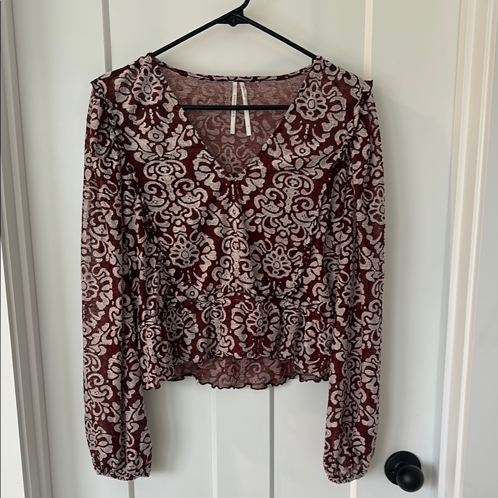 Anthropologie Floral Lace Top - Burgundy and Cream